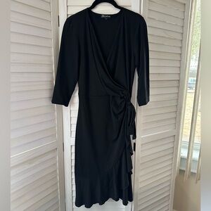 Berydress faux wrap dress, side tie, 3/4 sleeve, ruffle bottom, black size L